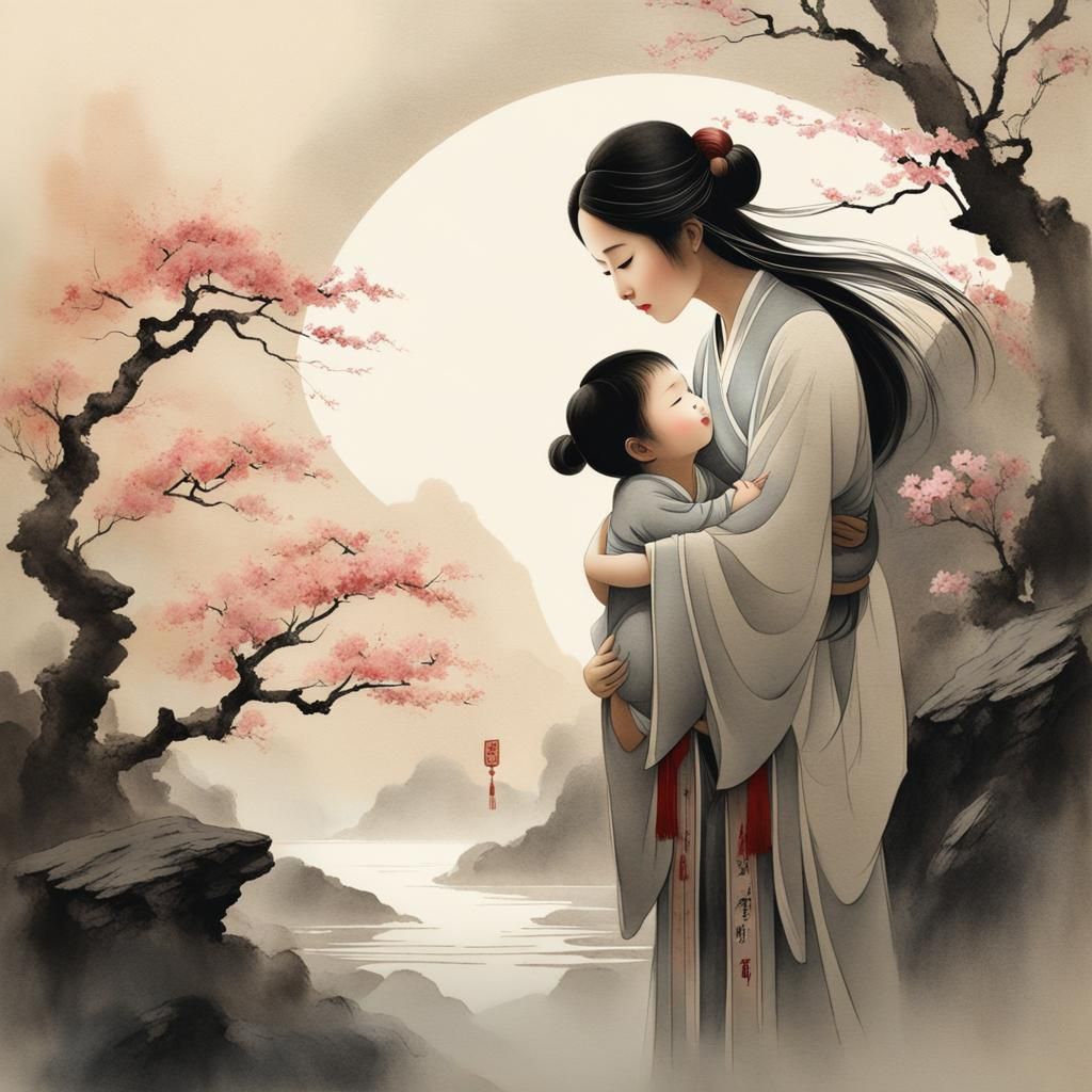 Motherhood's Embrace in Chinese Ink Painting Style