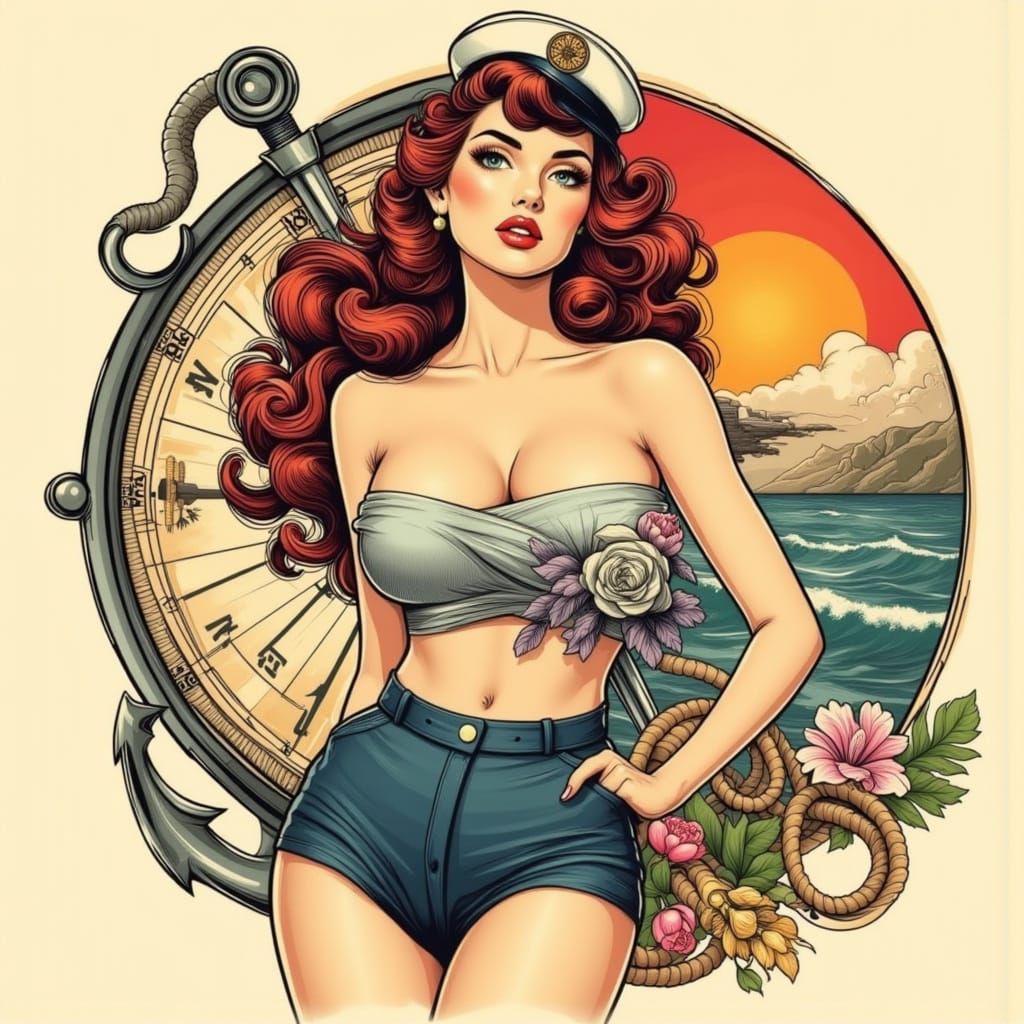 Pin-Up Sailor Tattoo Design in Neo-Traditional Style