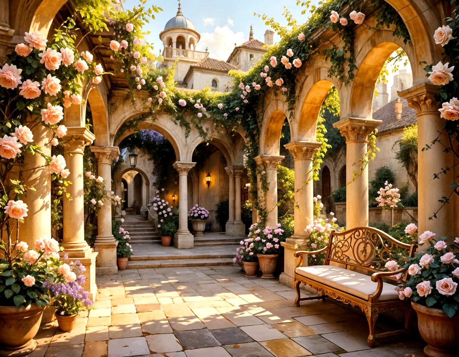 Dreamy Rose Arbor with Golden Pavilion