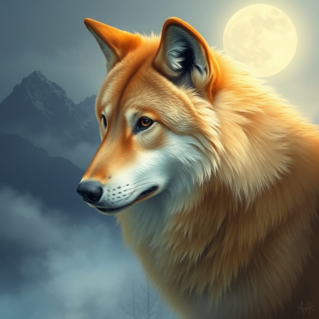 Majestic Golden Wolf in Moonlit Mountainscape