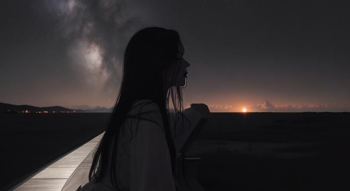 Melancholic Woman in Rainy Landscape, Cross-Hatching Style