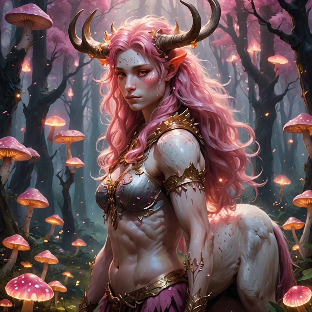 Pink Centaur in Mystical Forest, Fantasy Art