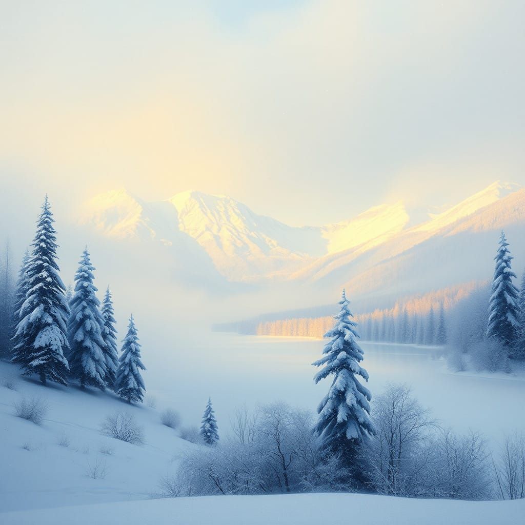 Serenic Winter Landscape in Icy Blues and Golden Hues