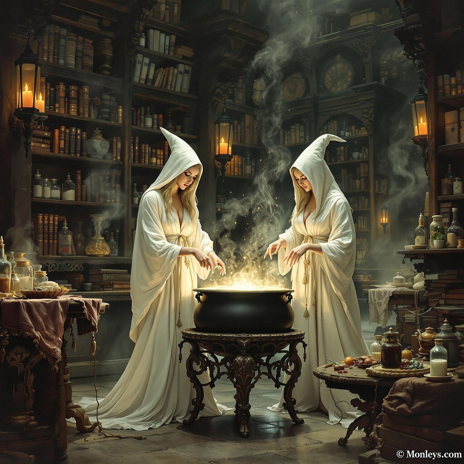 Witches Brewing Love Potions in Fantasy Library