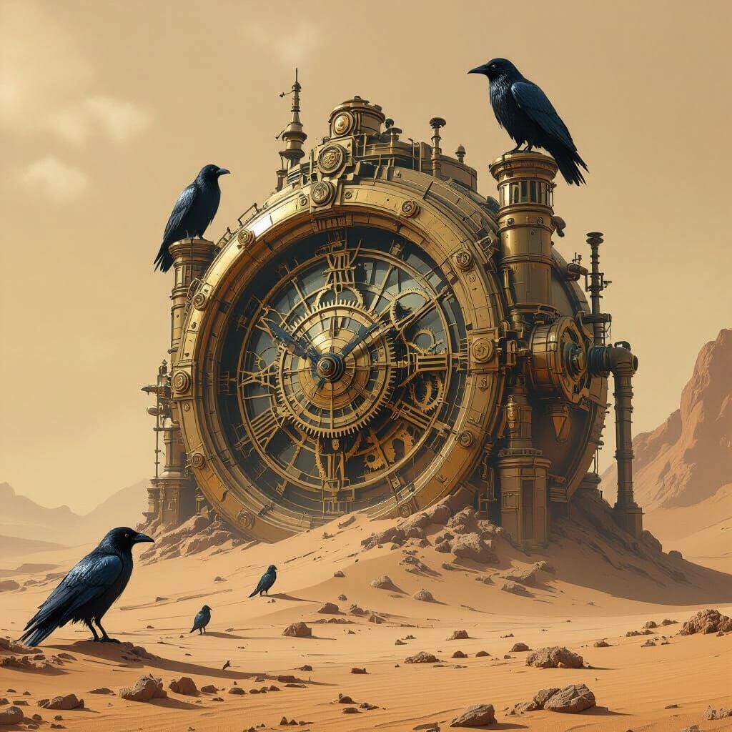 Clockwork Vault in Desert Landscape with Metallic Ravens