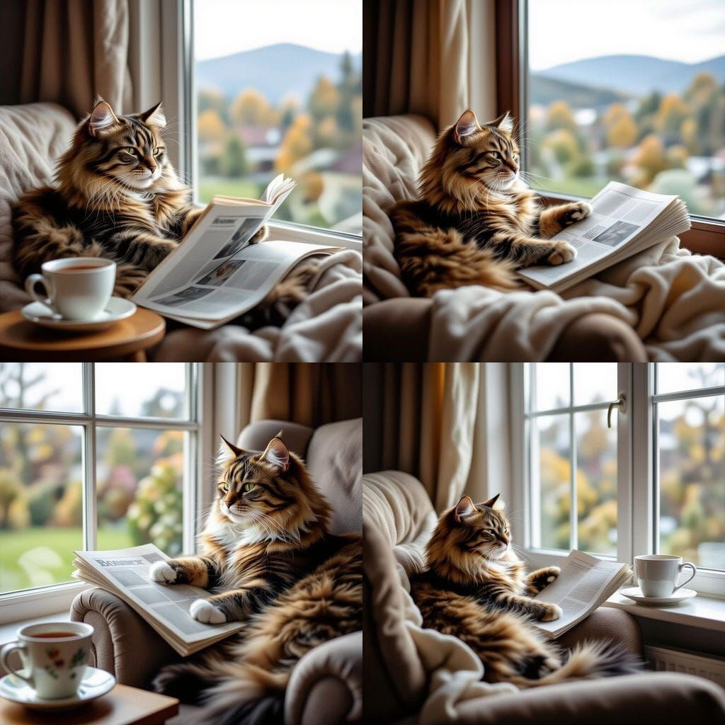 Boomer Cat Reads Newspaper by Window with Tea