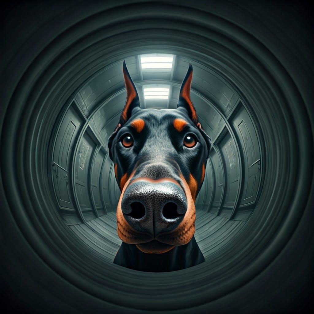 Distorted Doberman Close-Up in Surreal Digital Art Style