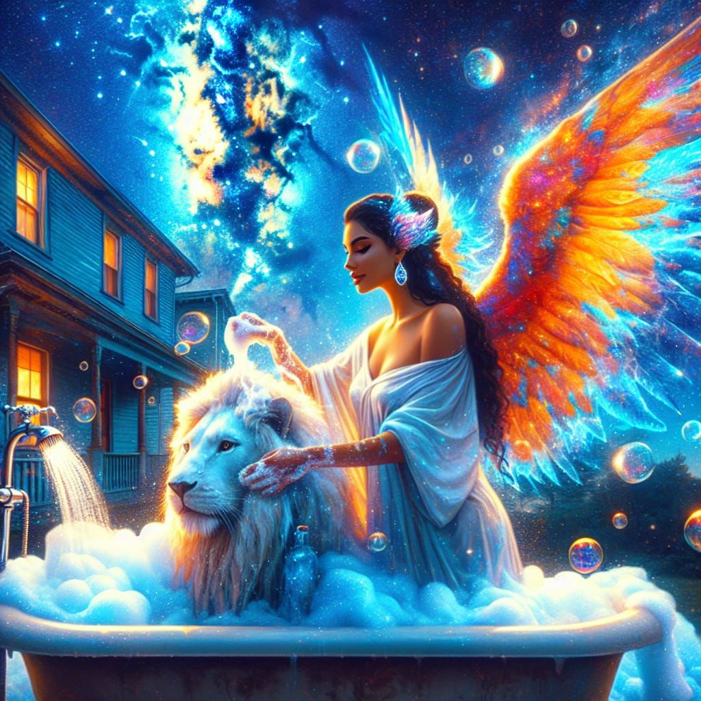 Hispanic Angel Washing White Lion in Stellar Bath