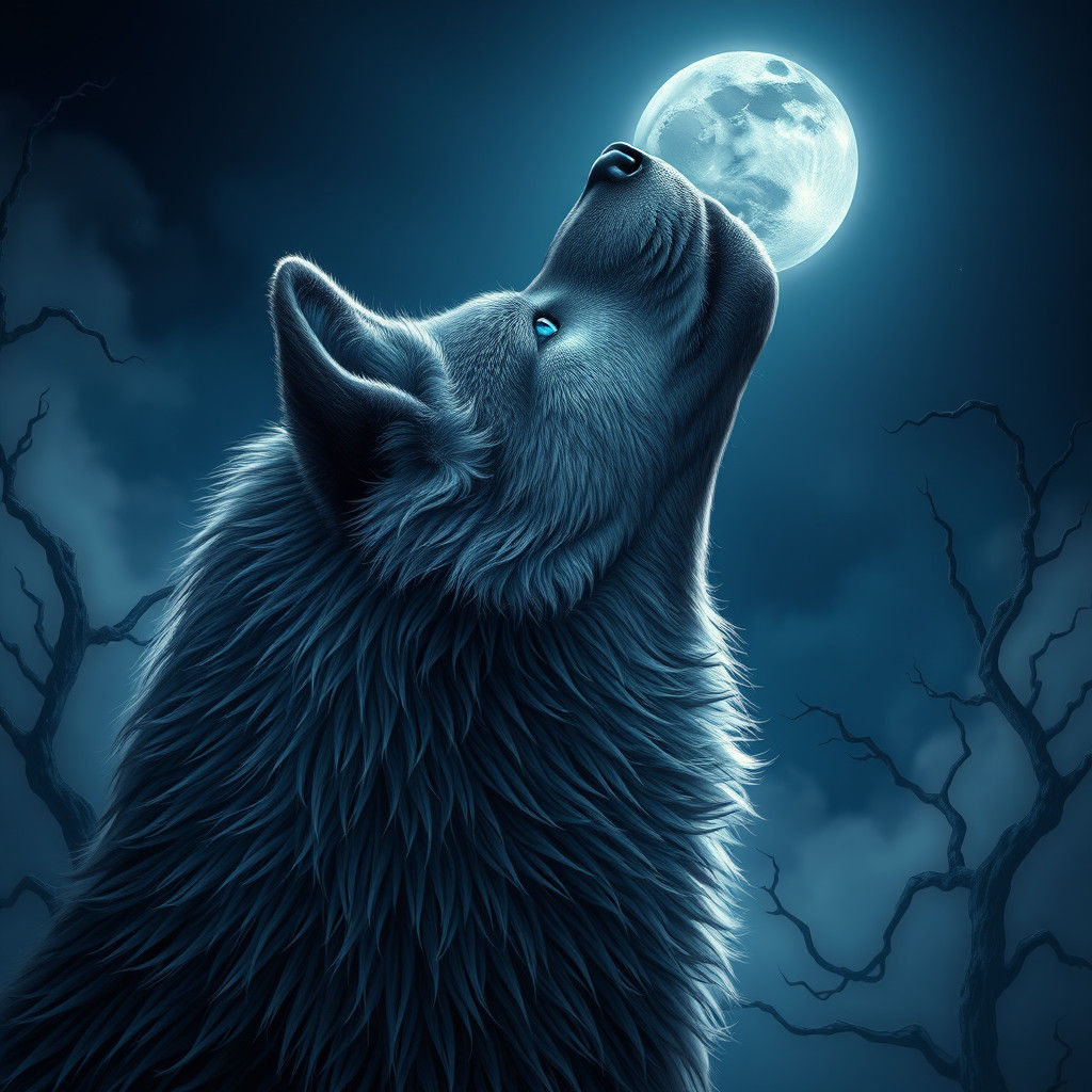 Wolf with Blue Eyes Under Moonlight, Fantasy Art