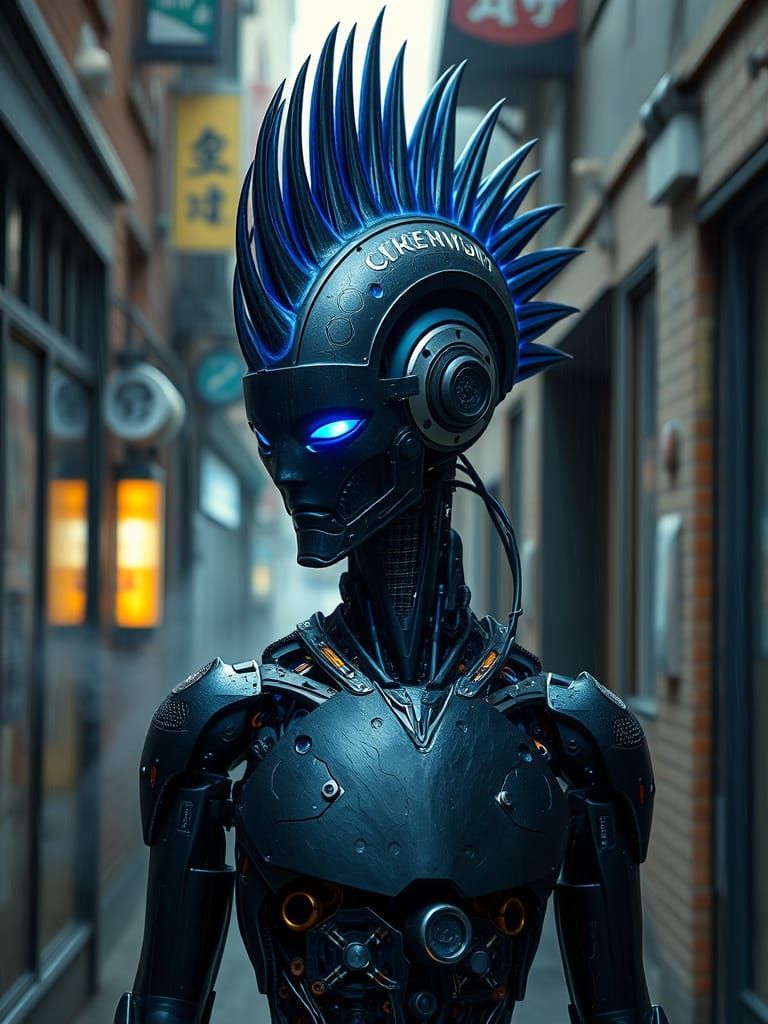 Cyberpunk Android with Obsidian Mohawk and Neon Glow