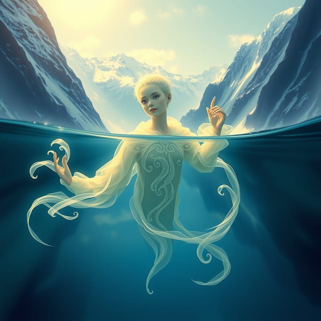 Ethereal Being in Fjord: Dark Fantasy Ukiyo-e