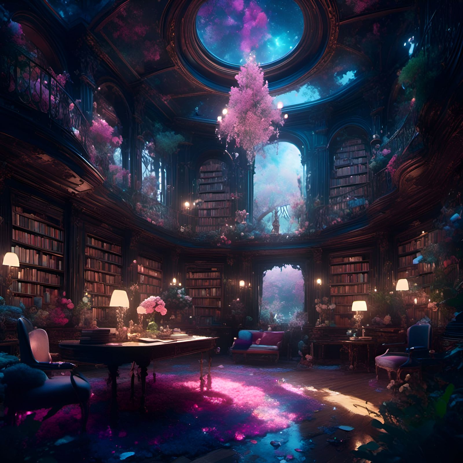 Panoramic Astronomer's Library in Dreamy Darkness Style