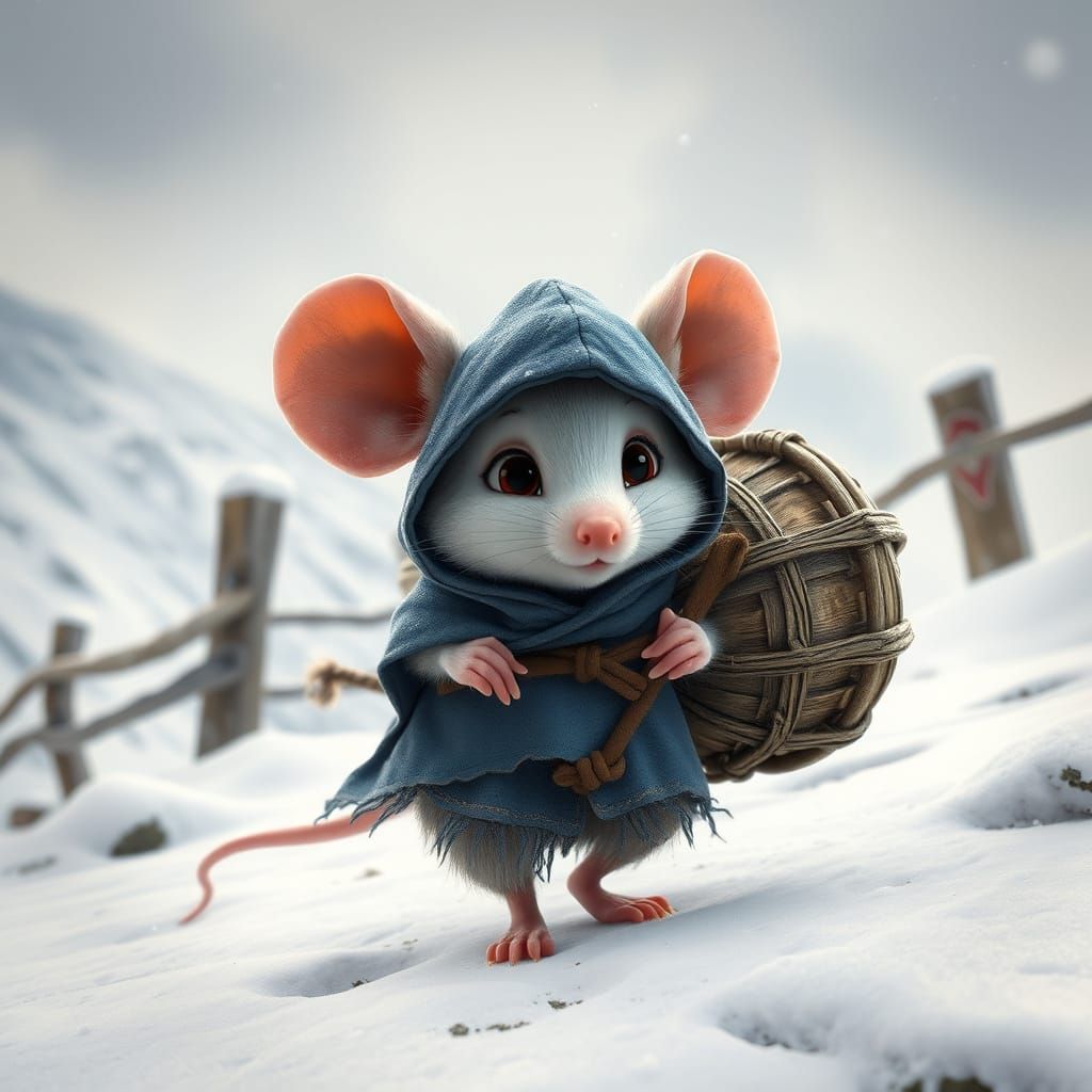Brave Mouse in Snowy Mountain Landscape, in Photorealistic S...