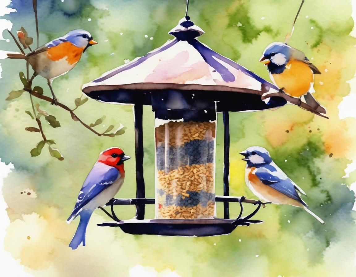 Songbirds at Bird Feeder in Watercolor Style