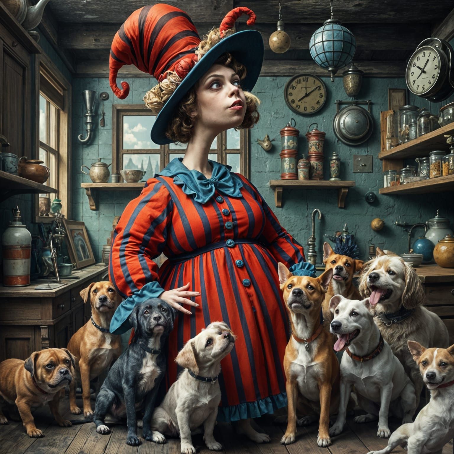 Whimsical Woman with Dogs in Burtonesque Kitchen