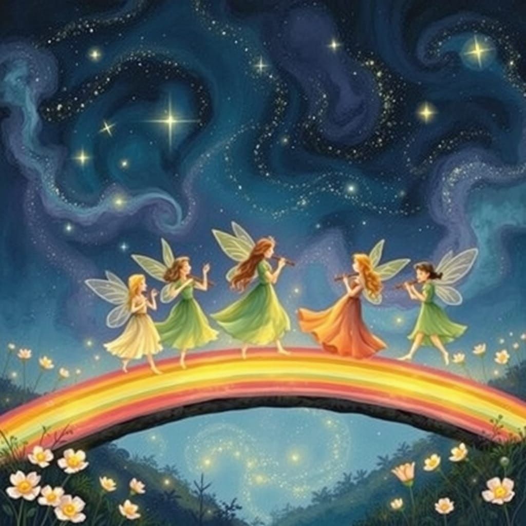 Fairies Dancing on Rainbow Bridge Under Stars