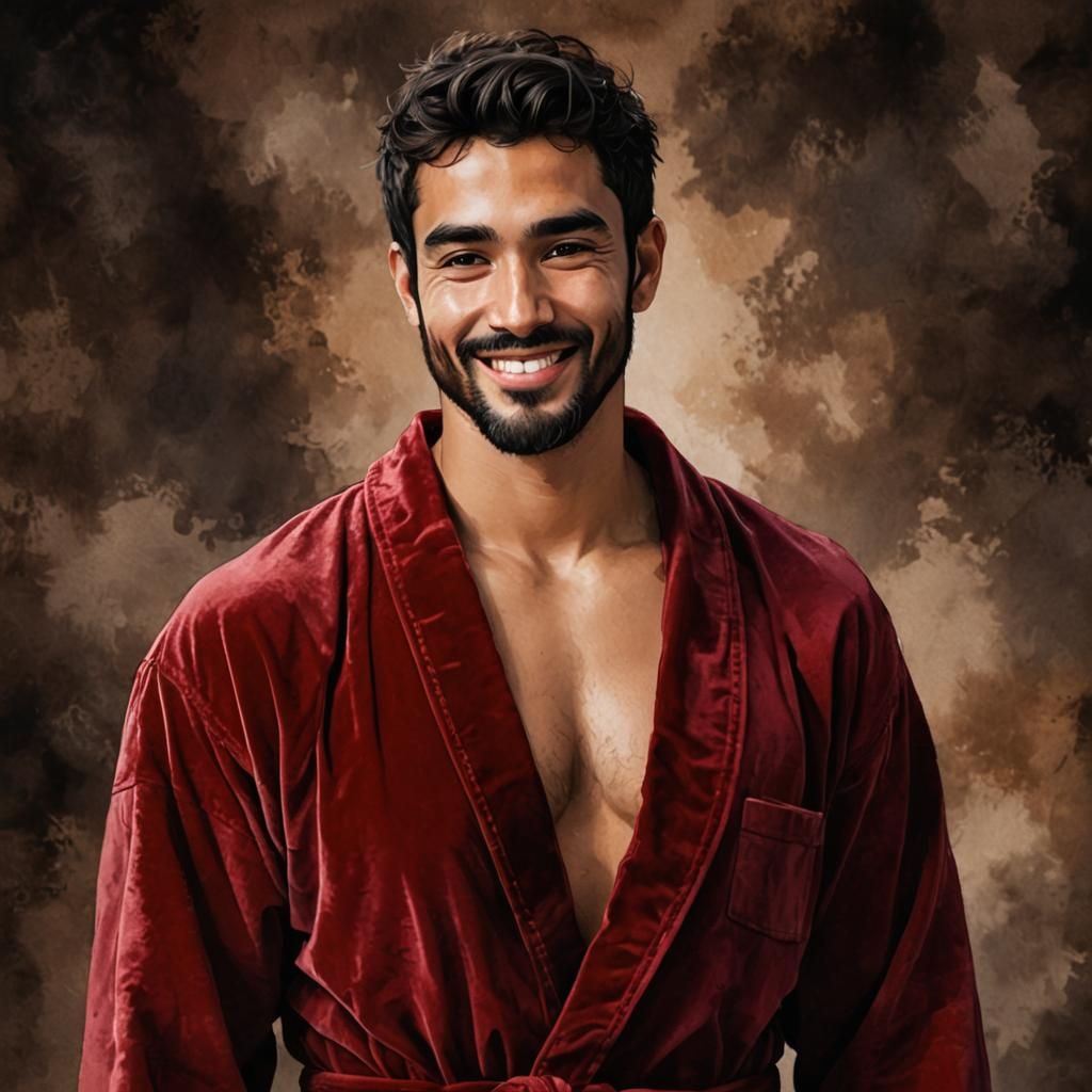 Smiling Man in Red Velvet Bathrobe, Alcohol Ink Style
