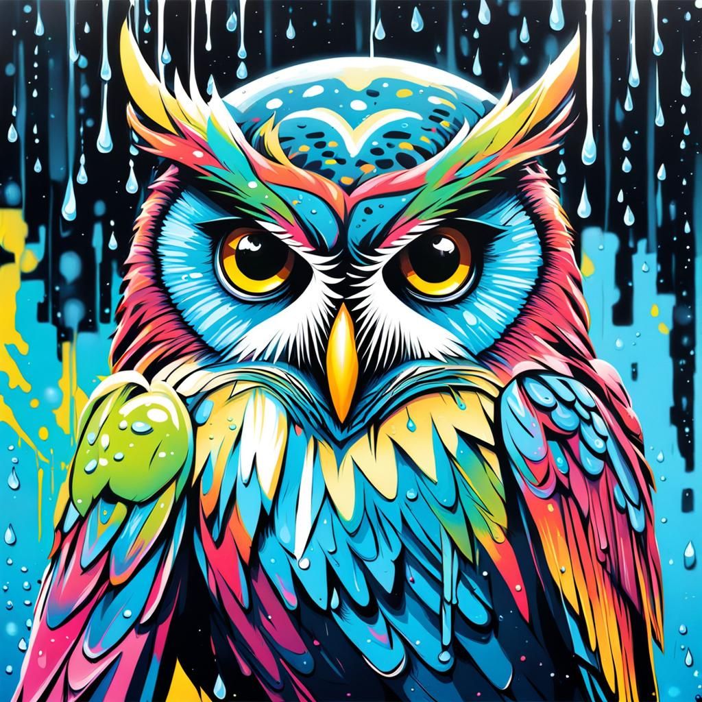 Christmas Owl in Rain, Graffiti Street Art