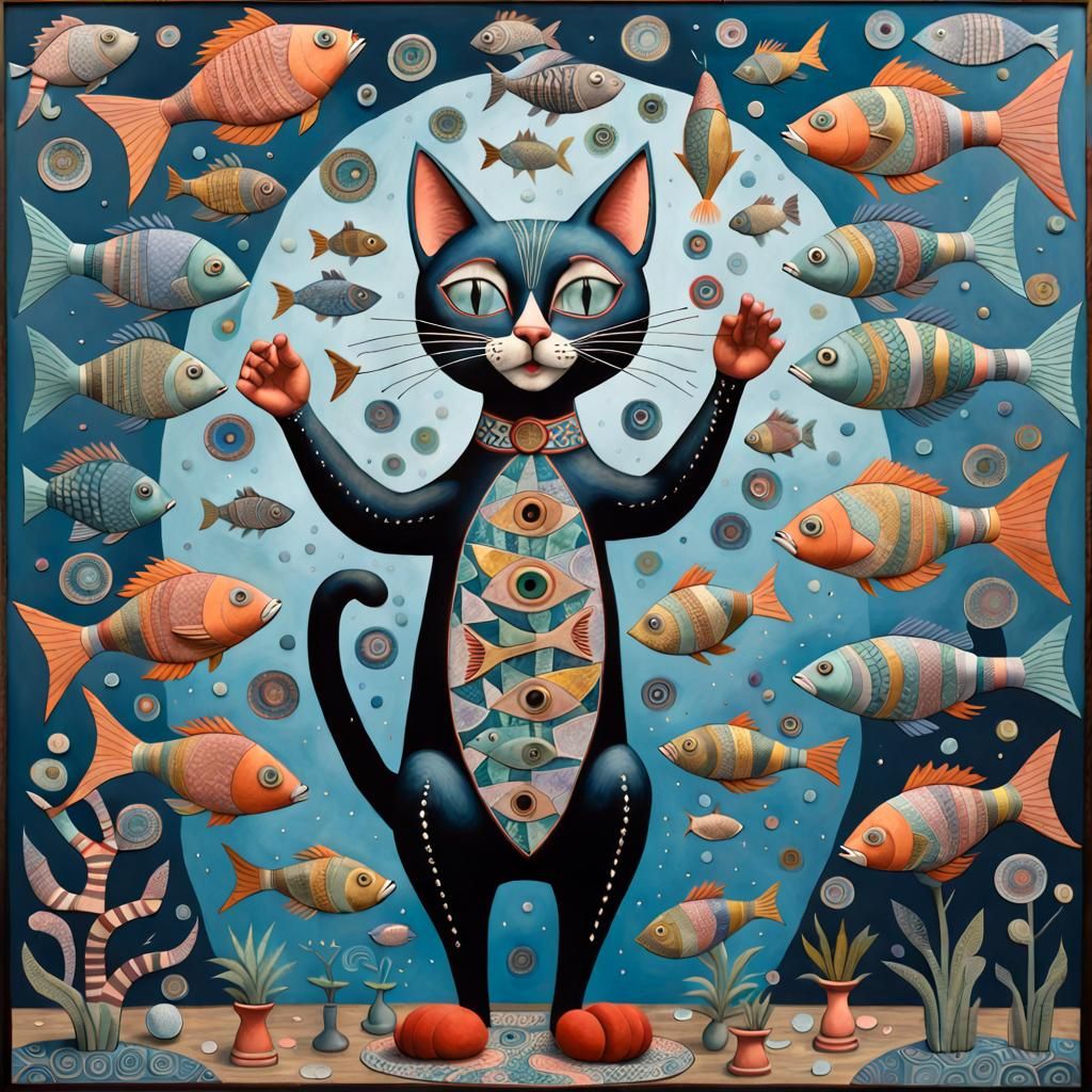 Whimsical Cat Juggling Fish in Folk Art Style