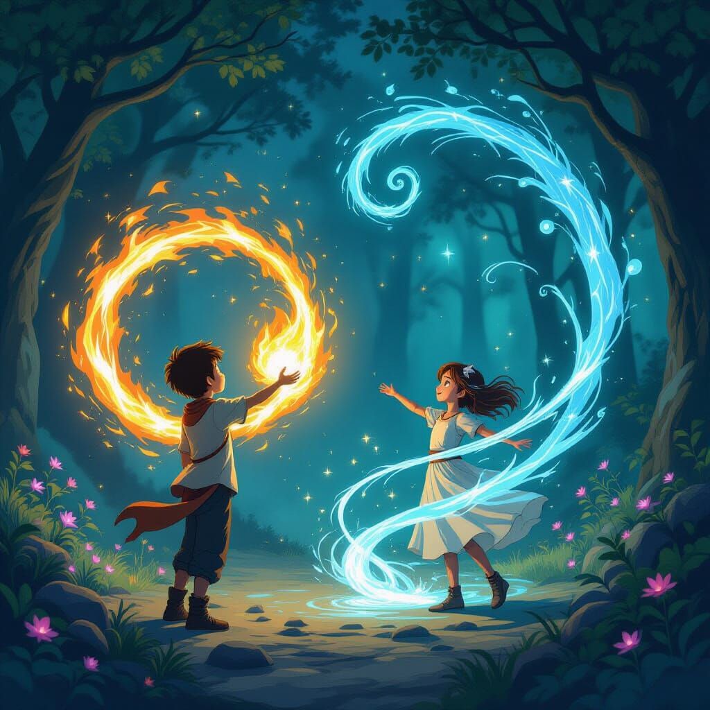Magical Duo Conjures Fire and Water Vortex in Enchanted Grov...