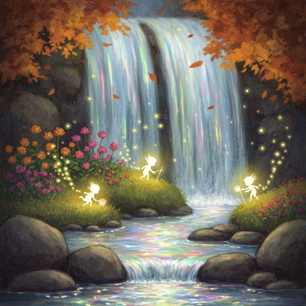 Magical Waterfall World With Autumn Garden