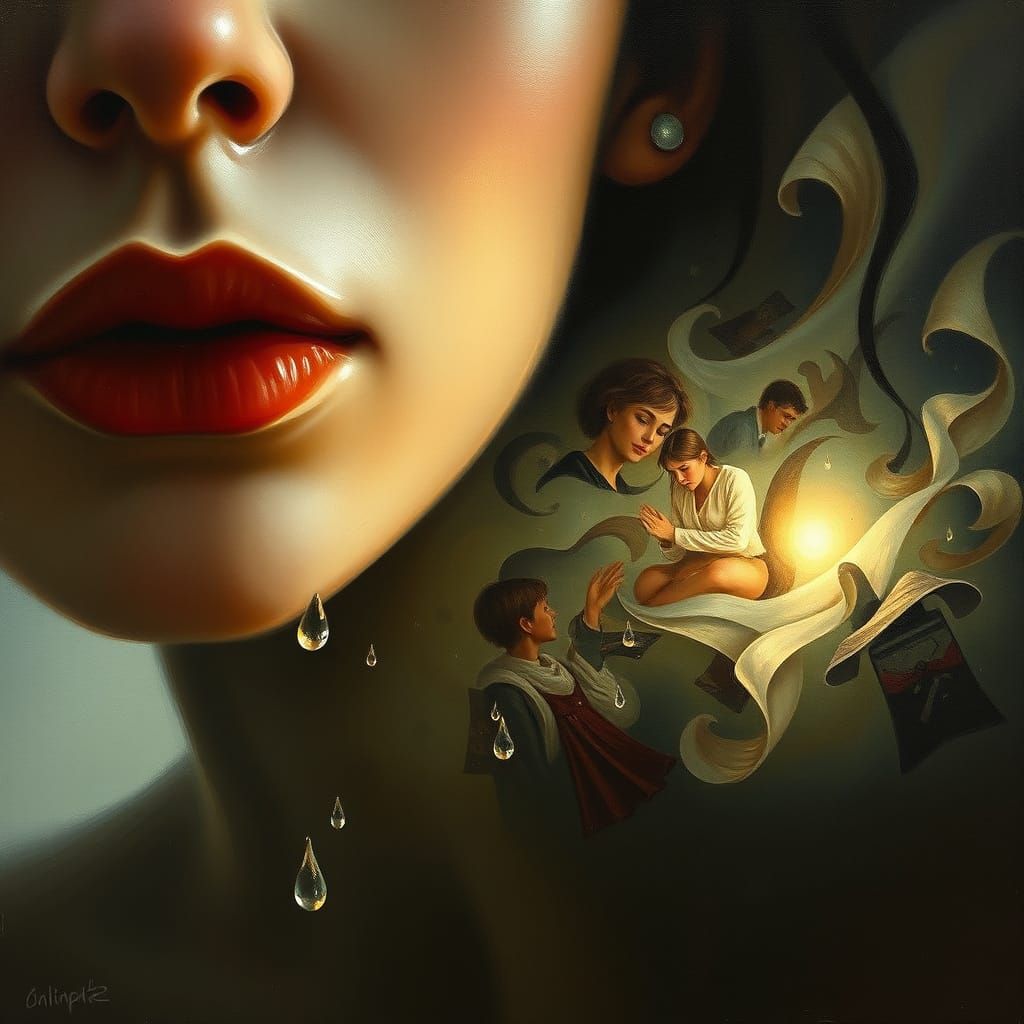 Surreal Oil Painting of Memories Flowing from a Tear