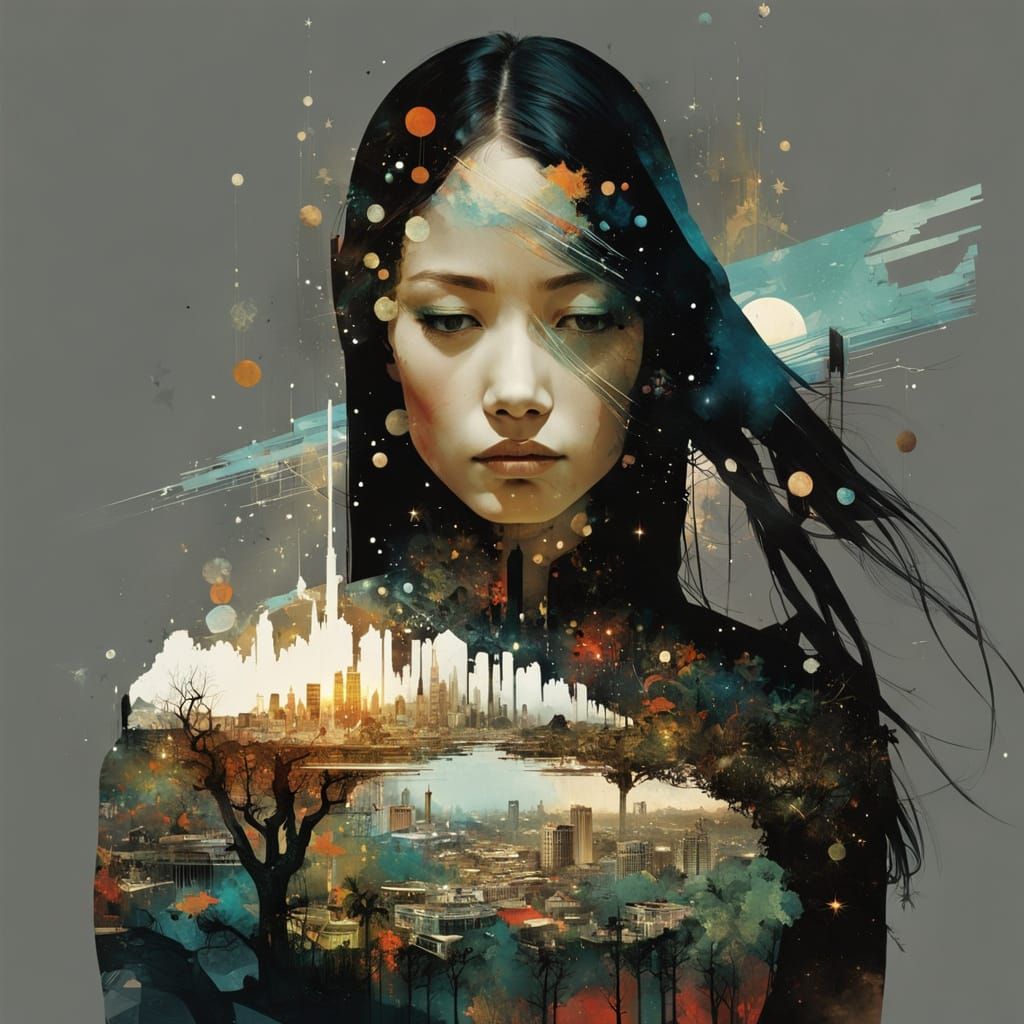 Surreal Double Exposure of a Galactic Princess in a Cityscap...