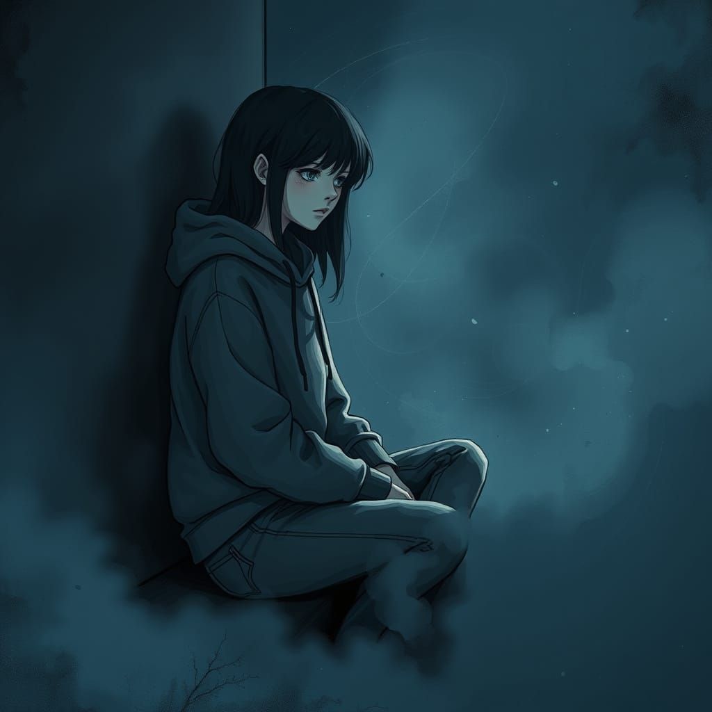 Melancholic Teenage Girl Surrounded by Swirling Thoughts