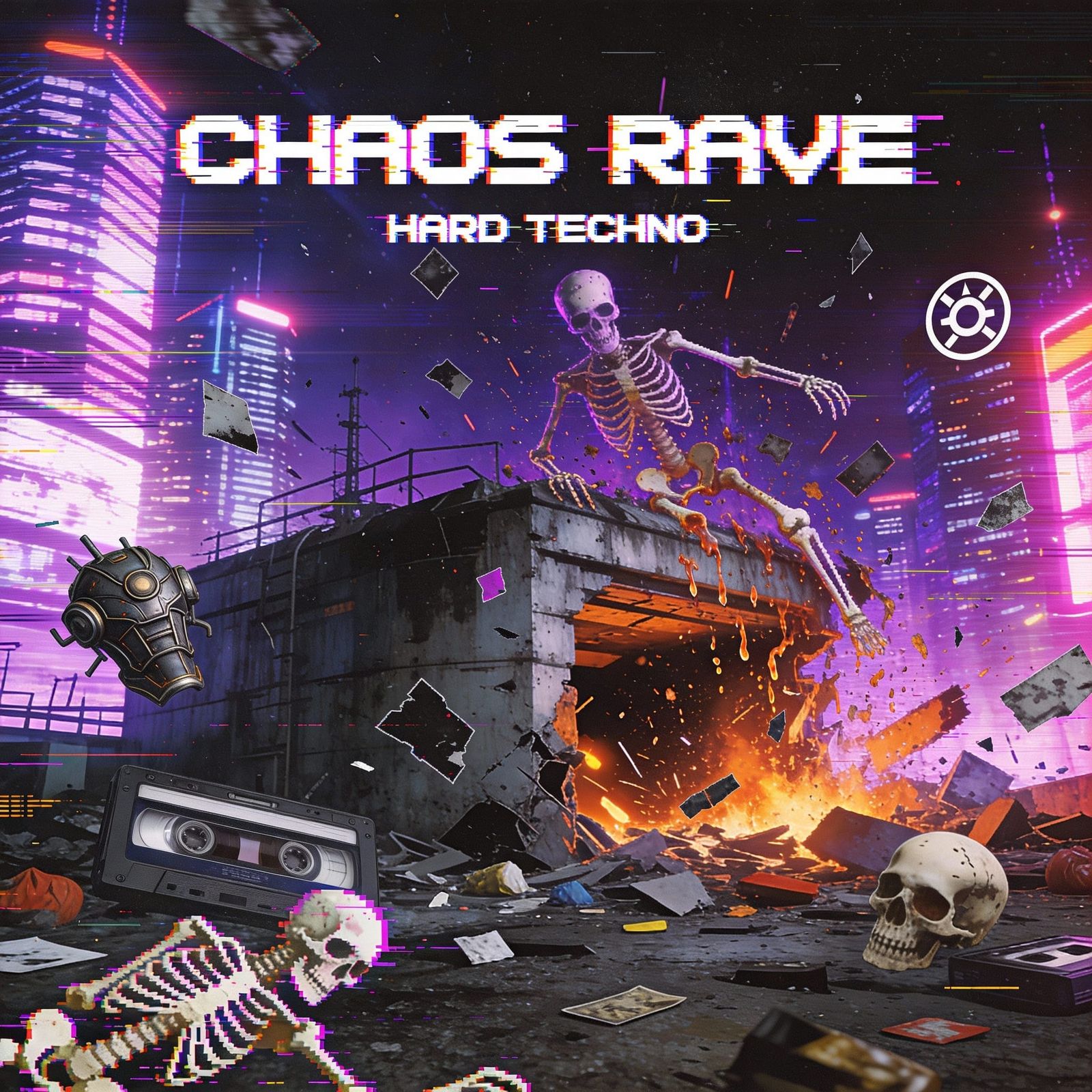 Chaotic Techno Rave Album Cover with Glitched Skeletons