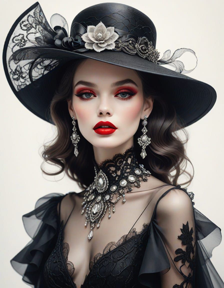 Stunning Woman in Dramatic Black Gown Fashion Illustration