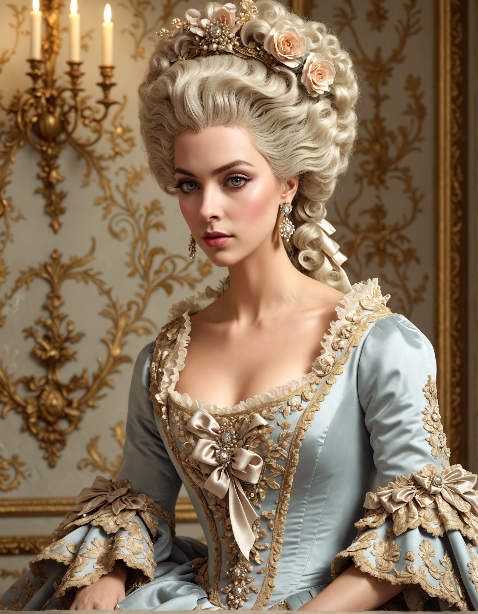 Elegant Rococo Portrait of Marie Antoinette in Cream Brocade