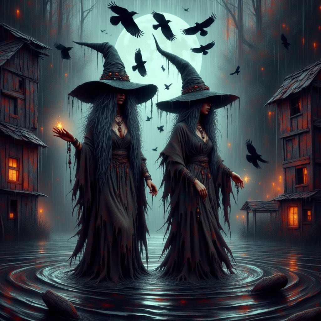 Witches Cast Spells on Wall Street in Matte Painting Style