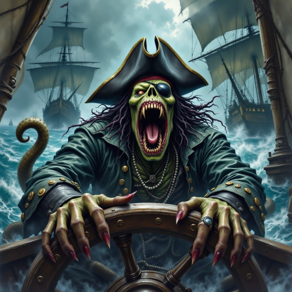Kraken Pirate Captain Steers the Flying Dutchman