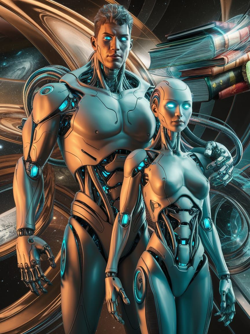 Futuristic Androids in Cosmic Library