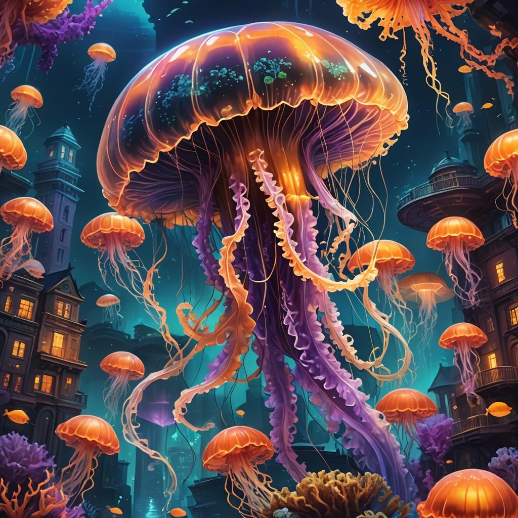 Giant Jellyfish Floating Above Underwater City