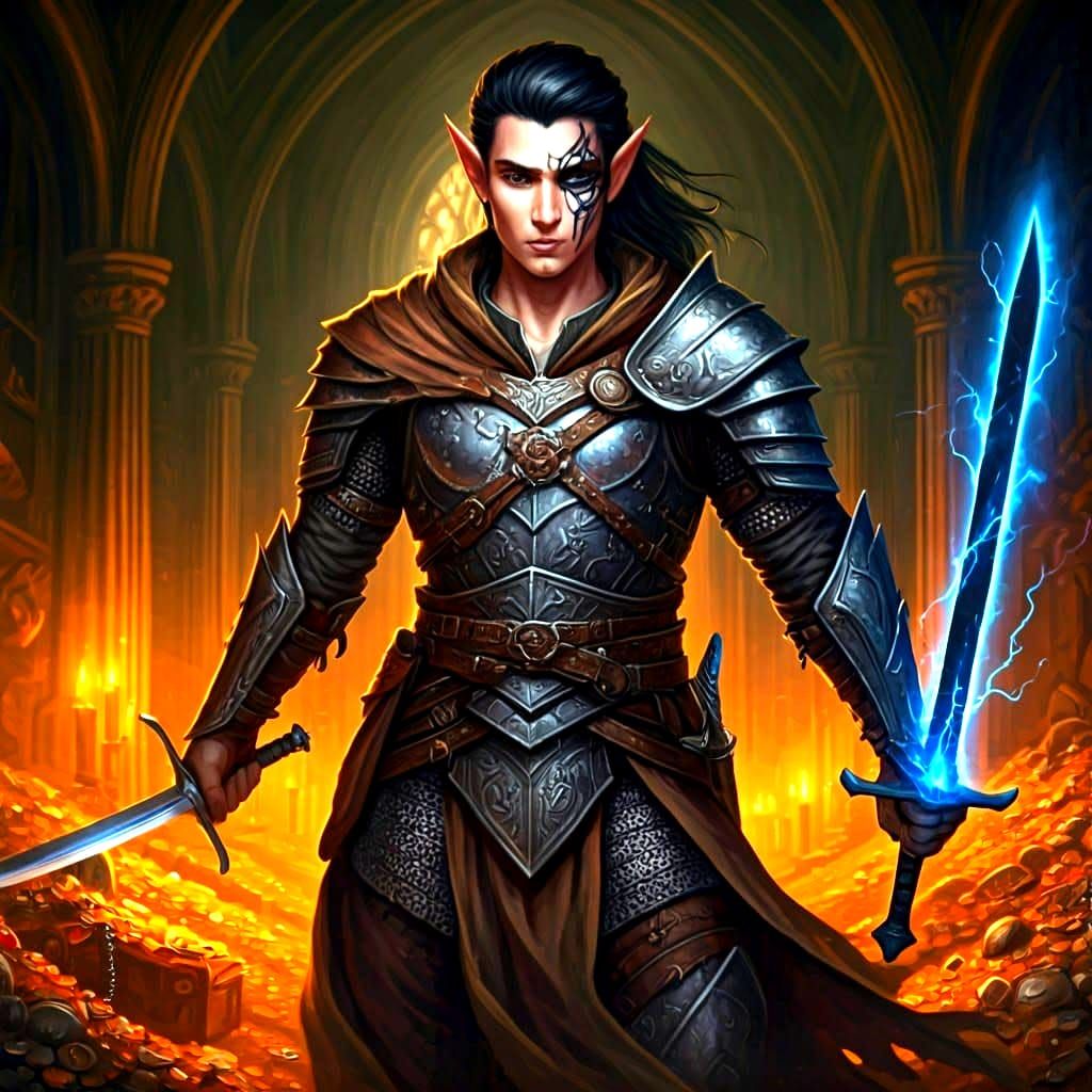 Half-Elf Rogue in Treasure Hall, Celtic Design