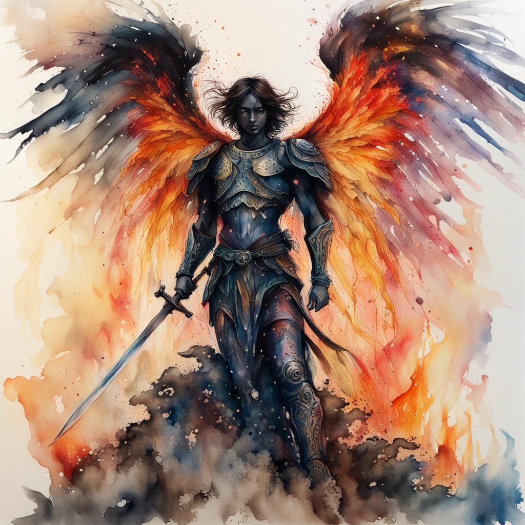 Archangel Michael in Fiery Watercolor Silhouette