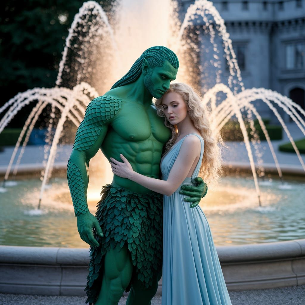 Green Man and Blonde Woman in Castle Garden Fountain