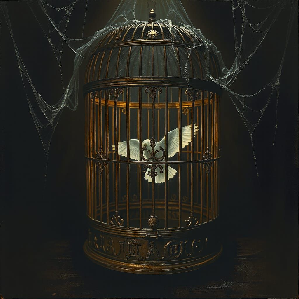 Ethereal Bird in Ornate Cage: Surreal Attic Scene