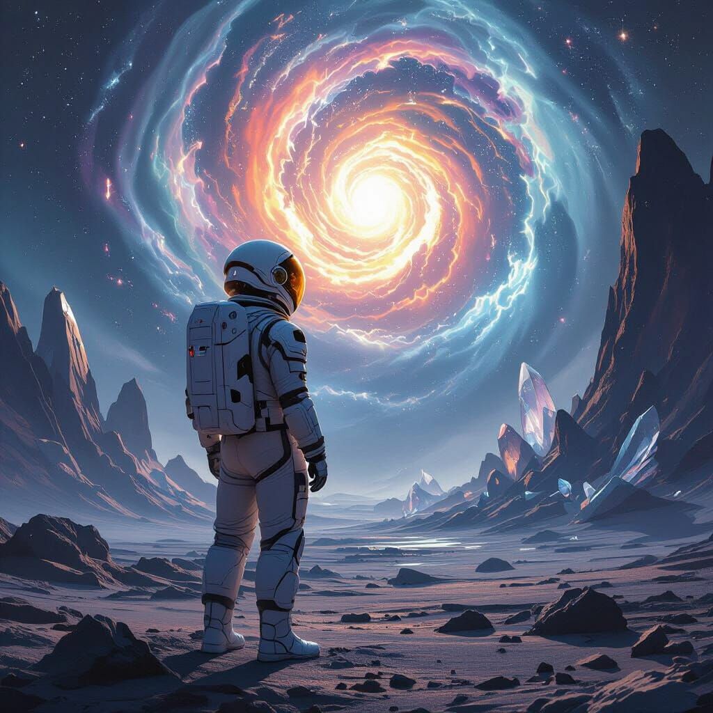 Astronaut Gazing at Cosmic Vortex on Alien Planet