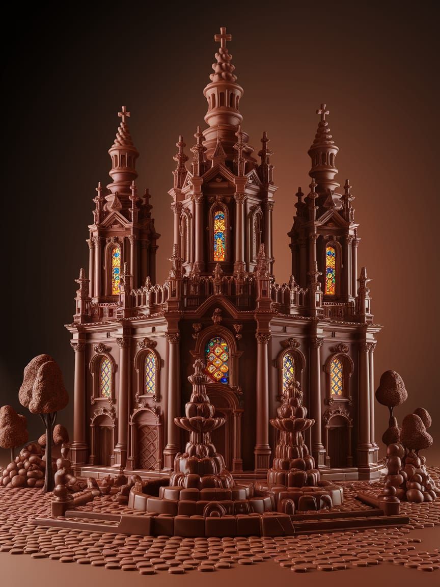 Chocolate Cathedral with Cocoa Spires and Ganache Fountains