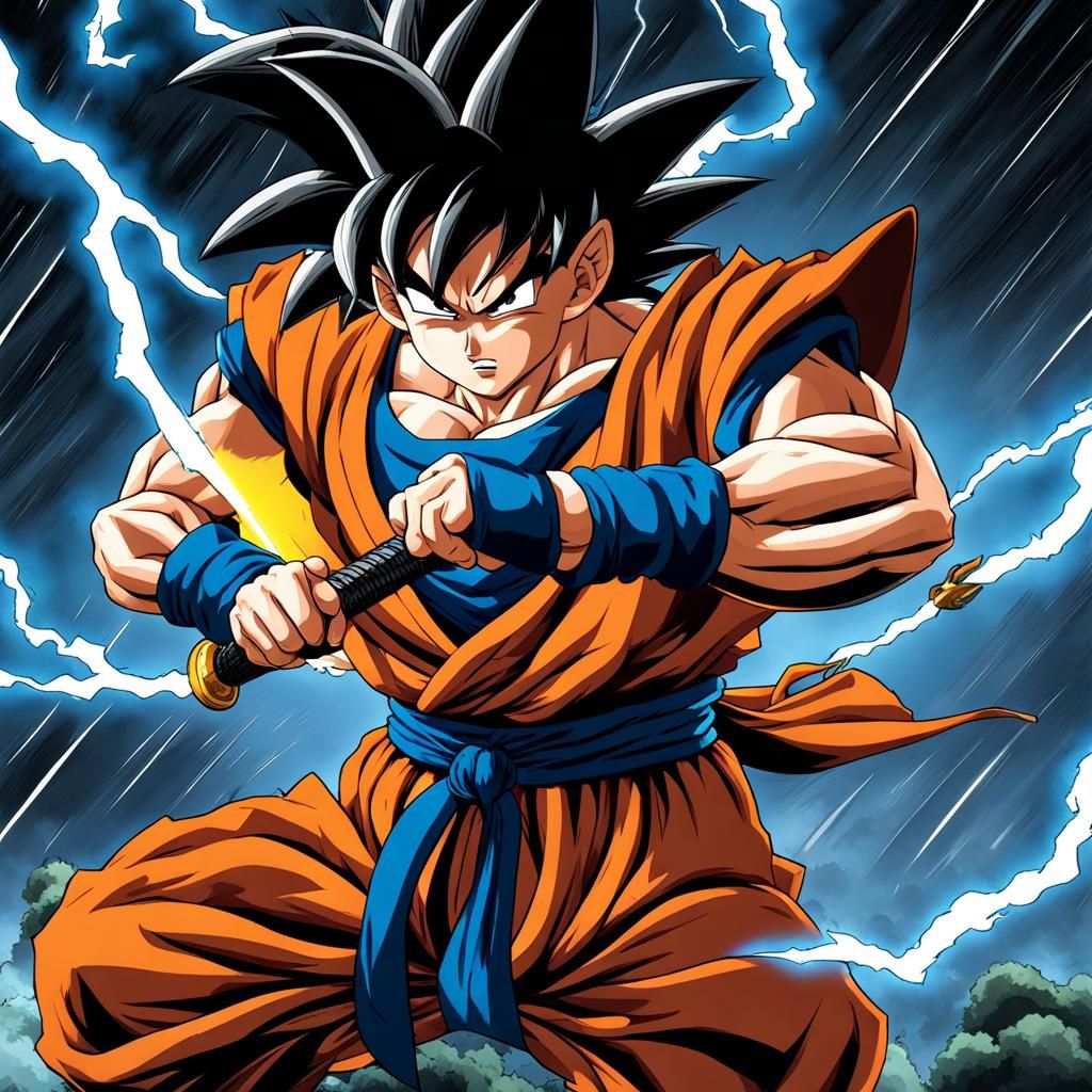 Warrior with Spiky Hair in a Thunderstorm