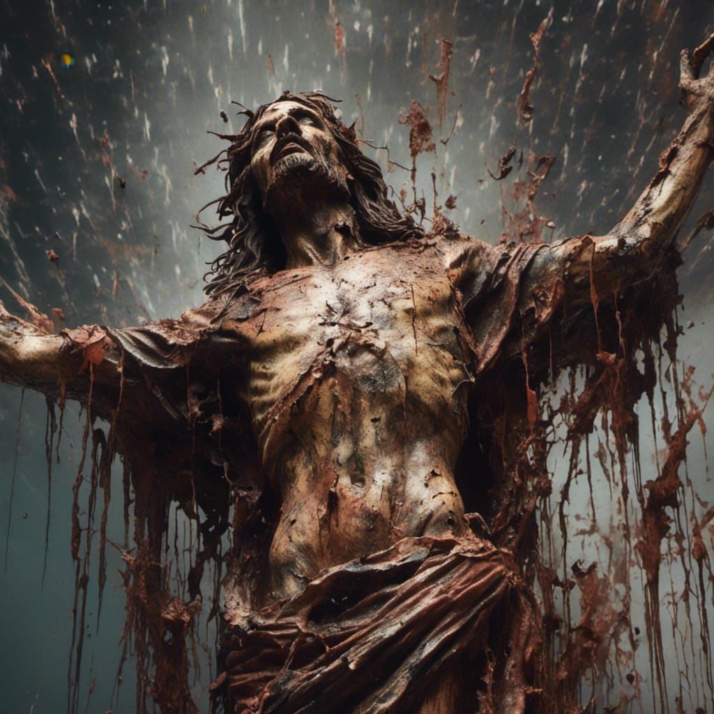 Crucifixion Statue in Hyperrealistic Splash Art