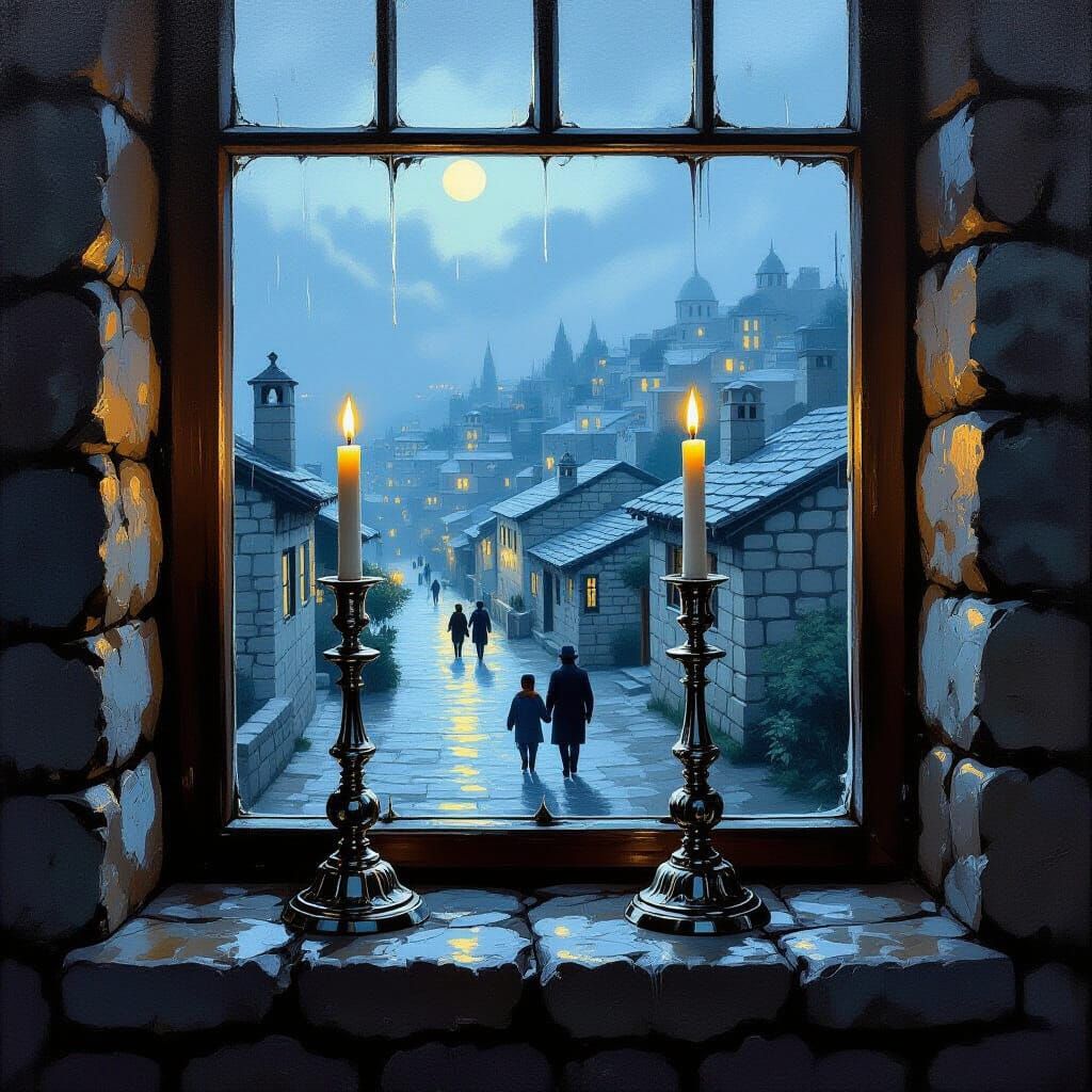 Antique Candlesticks on Window Sill Overlooking Old Safed Tw...