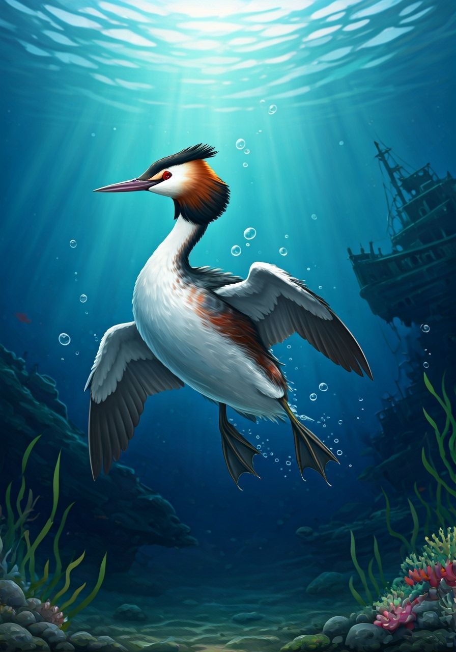 Cute Grebe Bird Diving into Deep Blue Sea