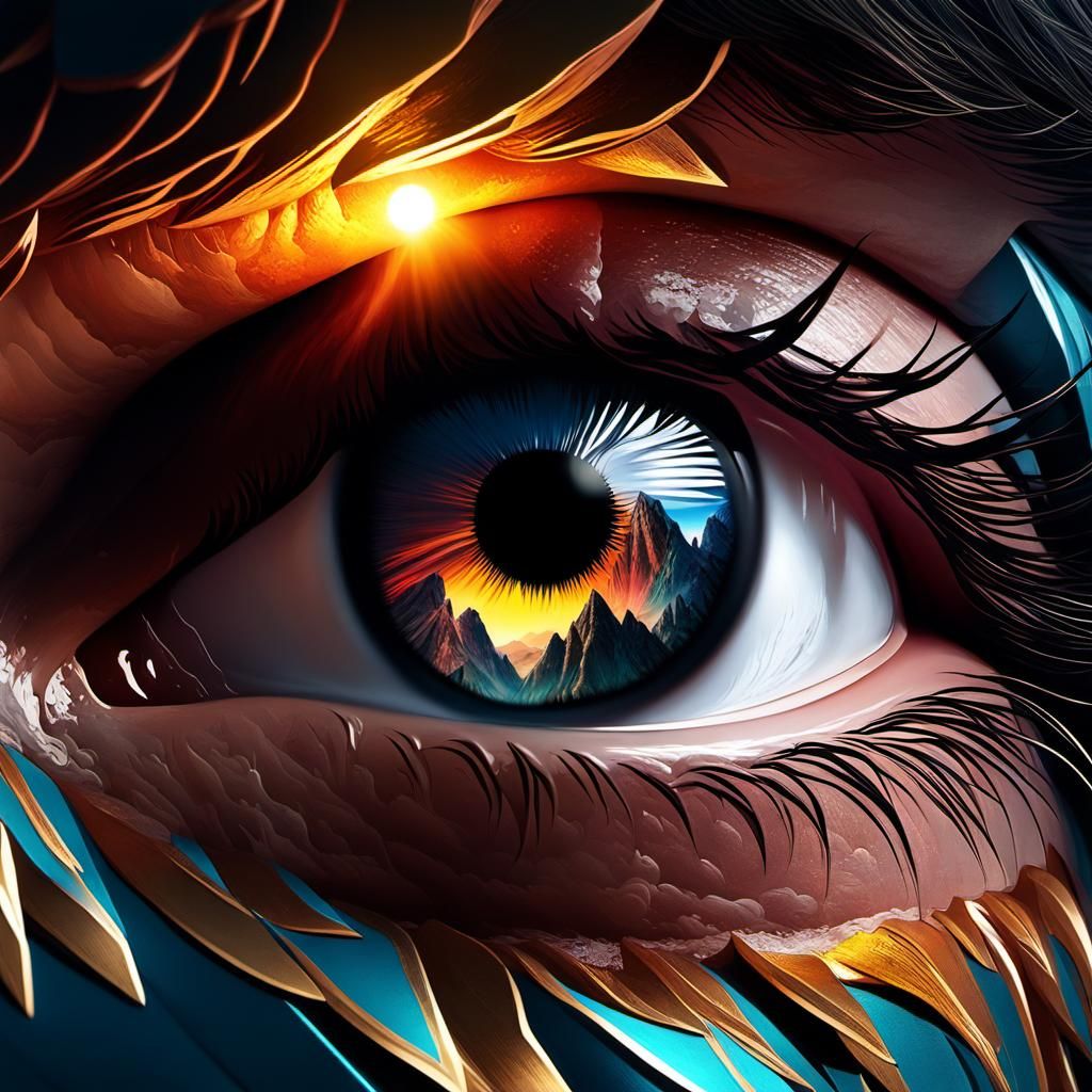 Fanged Mouth Reveals Mountain Sunset, Maximalist Gouache Art