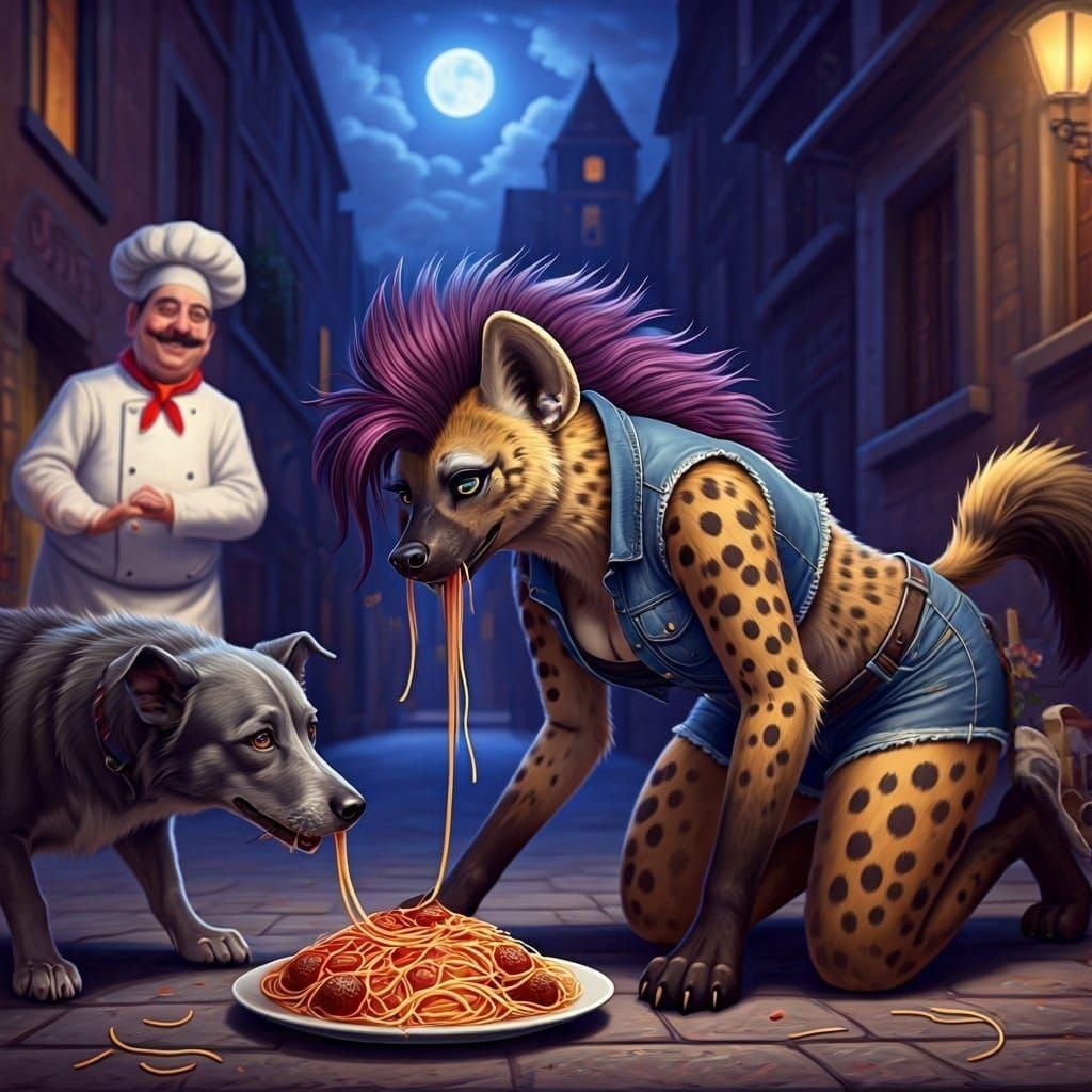 Romantic Alleyway Scene: Dog, Hyena, and Chef