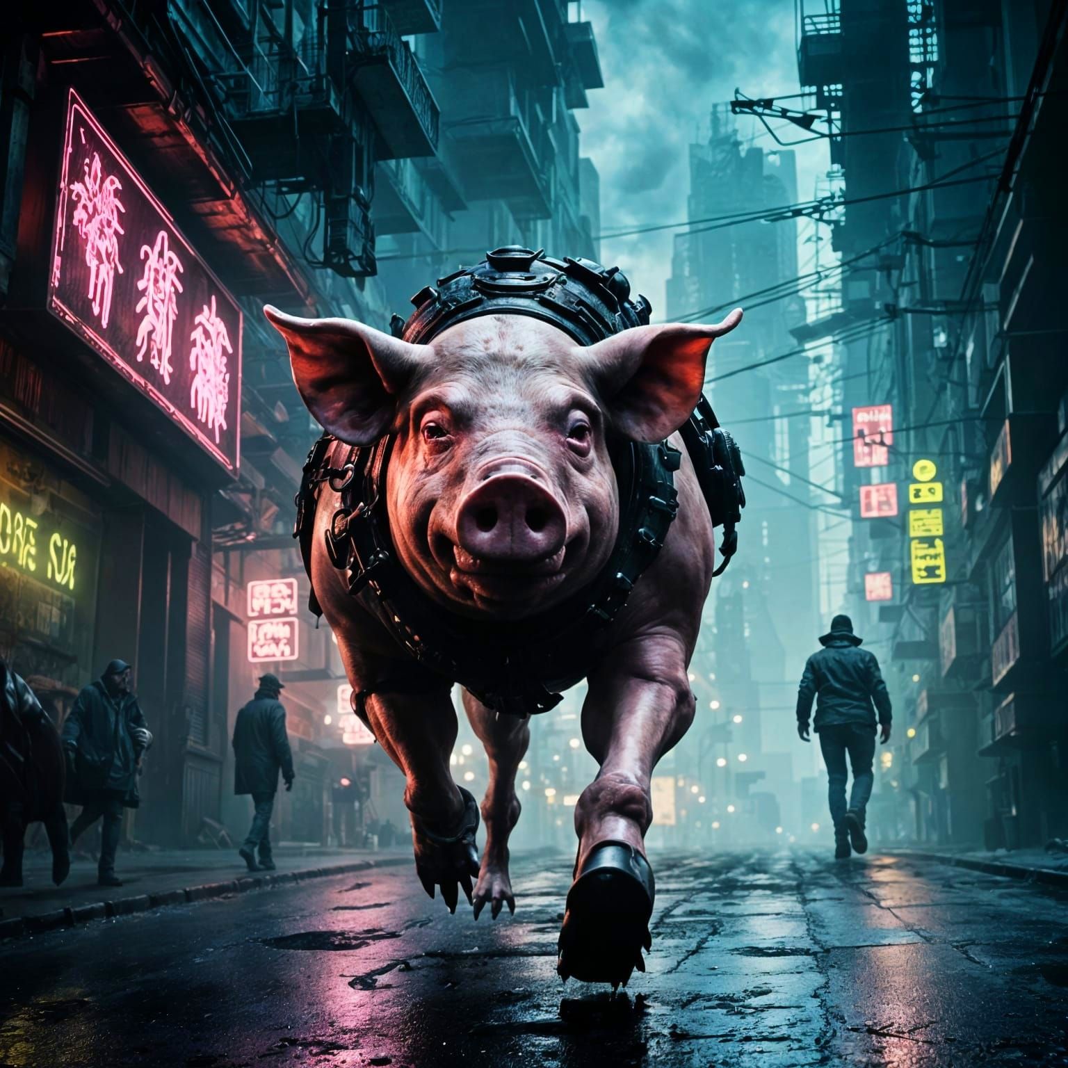 Cyberpunk Pig Cyborg Trotting Through Industrial Cityscape