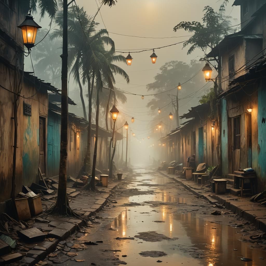 Surreal Amazon Village in Misty, Dreamlike Oil Painting