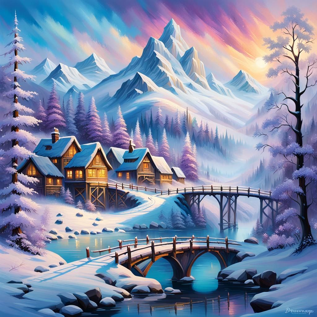 Fantastical Winter Landscape in Vibrant Oil Painting Style
